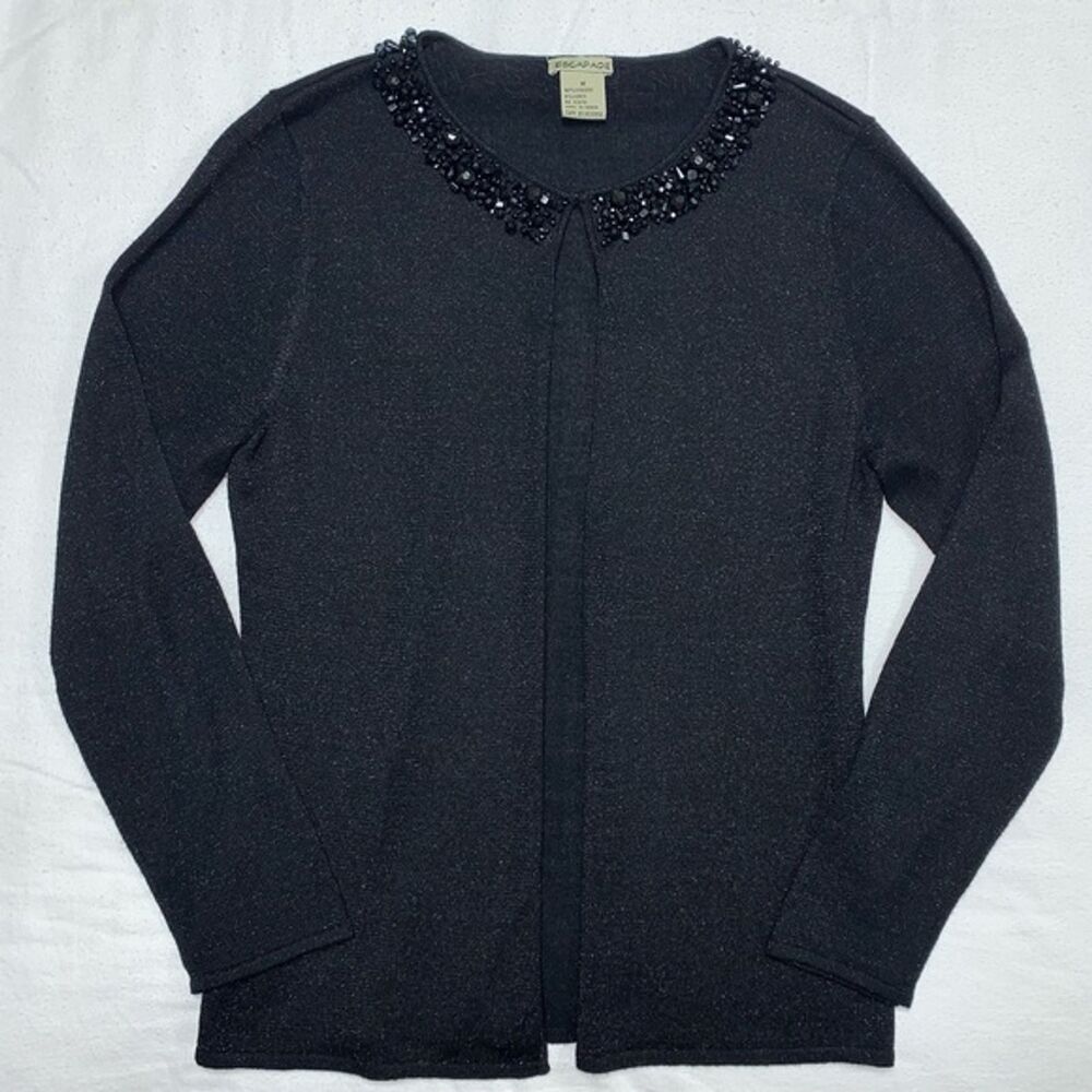 Black Beaded Shimmer Lightweight Cardigan Sweater Women Medium Delicate Knit
